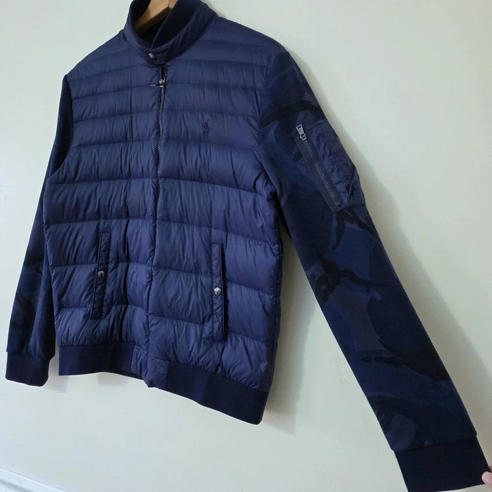 Polo Ralph Lauren Down Hybrid Jacket Sz M Blue‎ Camo Logo Quilt Preppy Old Money